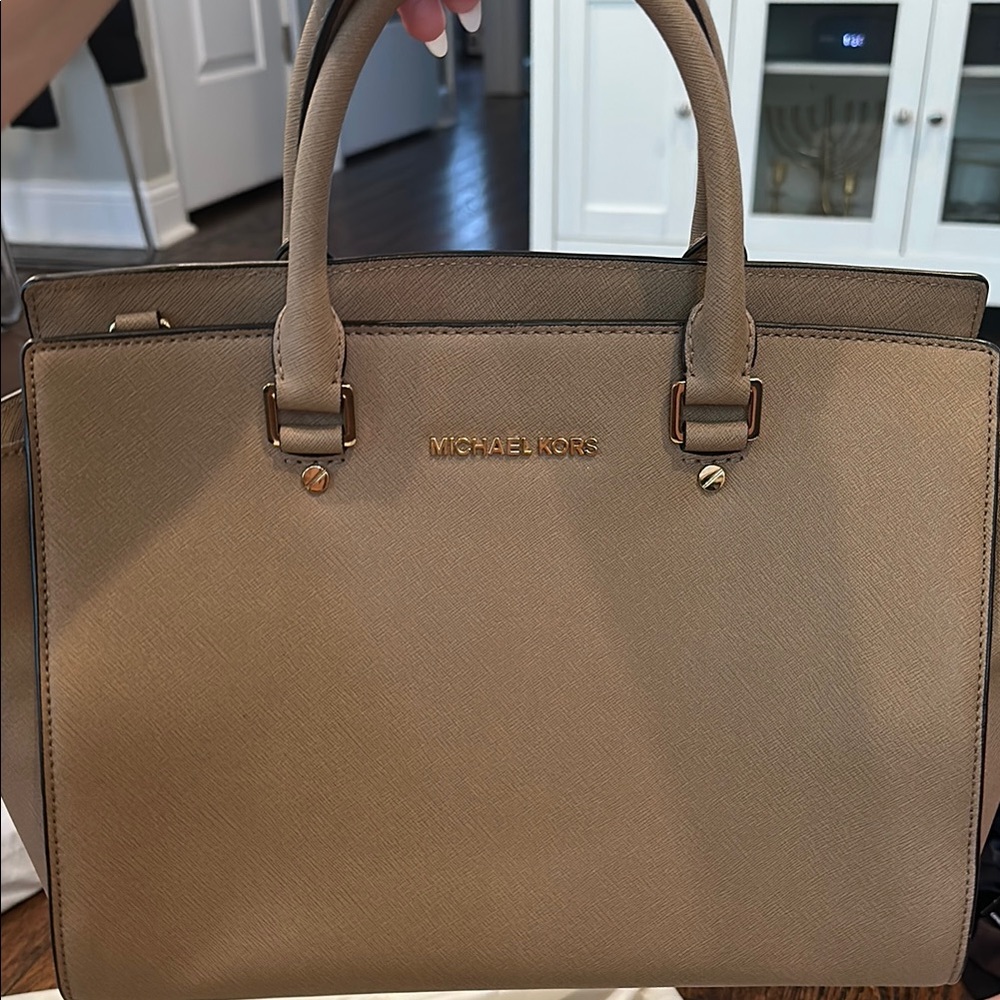 Michael Kors Tan Satchel Bag with Structured Design